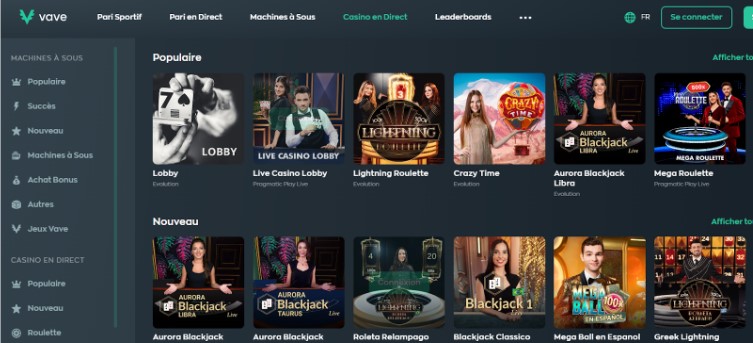 Vave casino page d'accueil