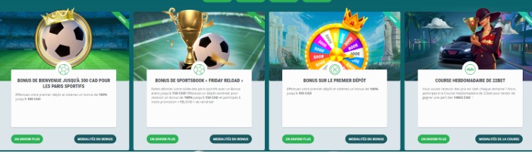 page des promotions et bonus 22bet